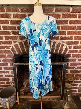 VINTAGE paradise found blue hibiscus print dress